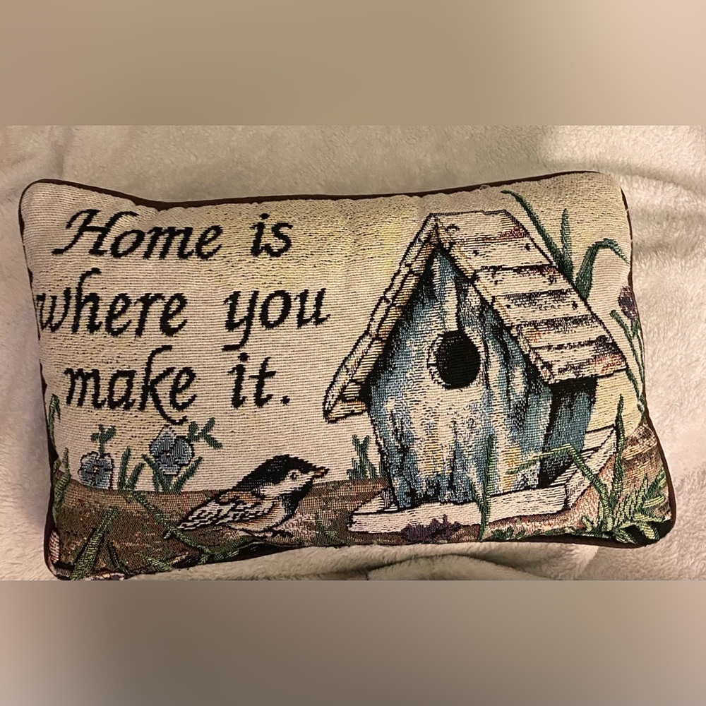 Decorative Tapestry Pillow with Birdhouse Design Home Is Where You Make It